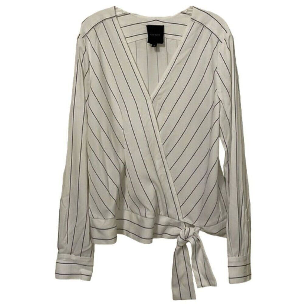 Alex Marie White Striped CrissCross Blouse Womens Size Small Long Sleeve Career